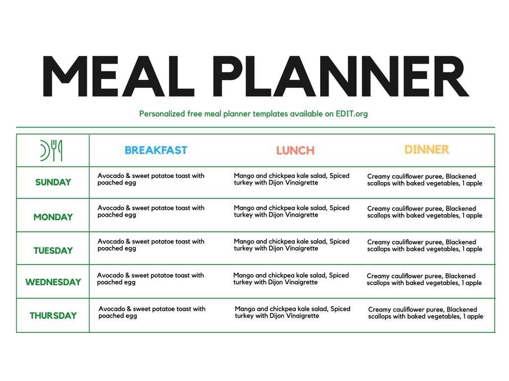 menu planner calendar template