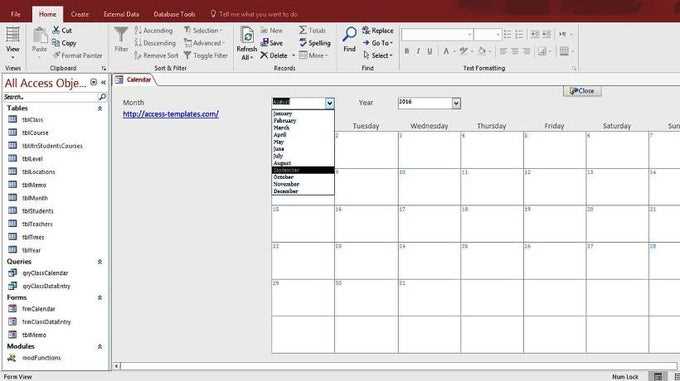 microsoft access calendar form template