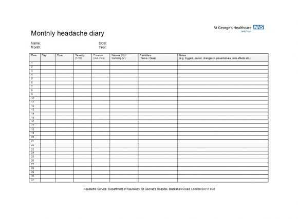 migraine calendar template