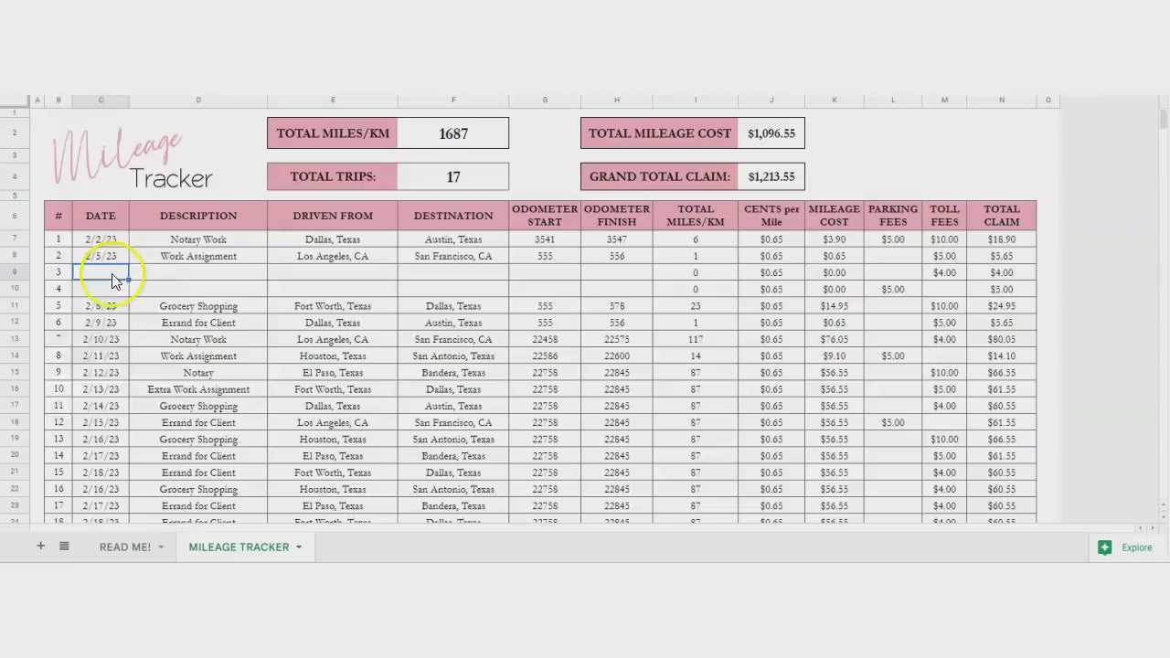 mileage calendar template