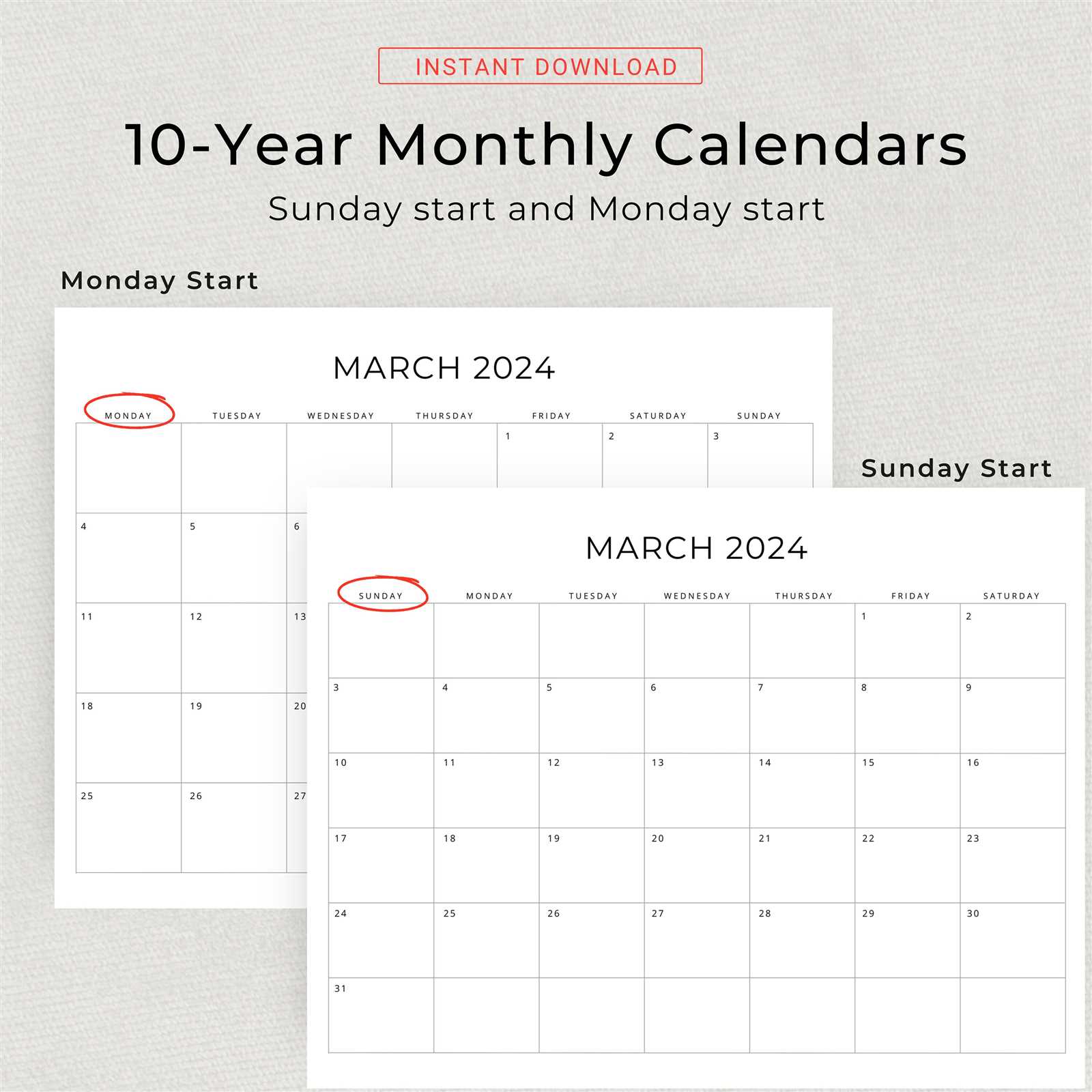 10 year calendar template