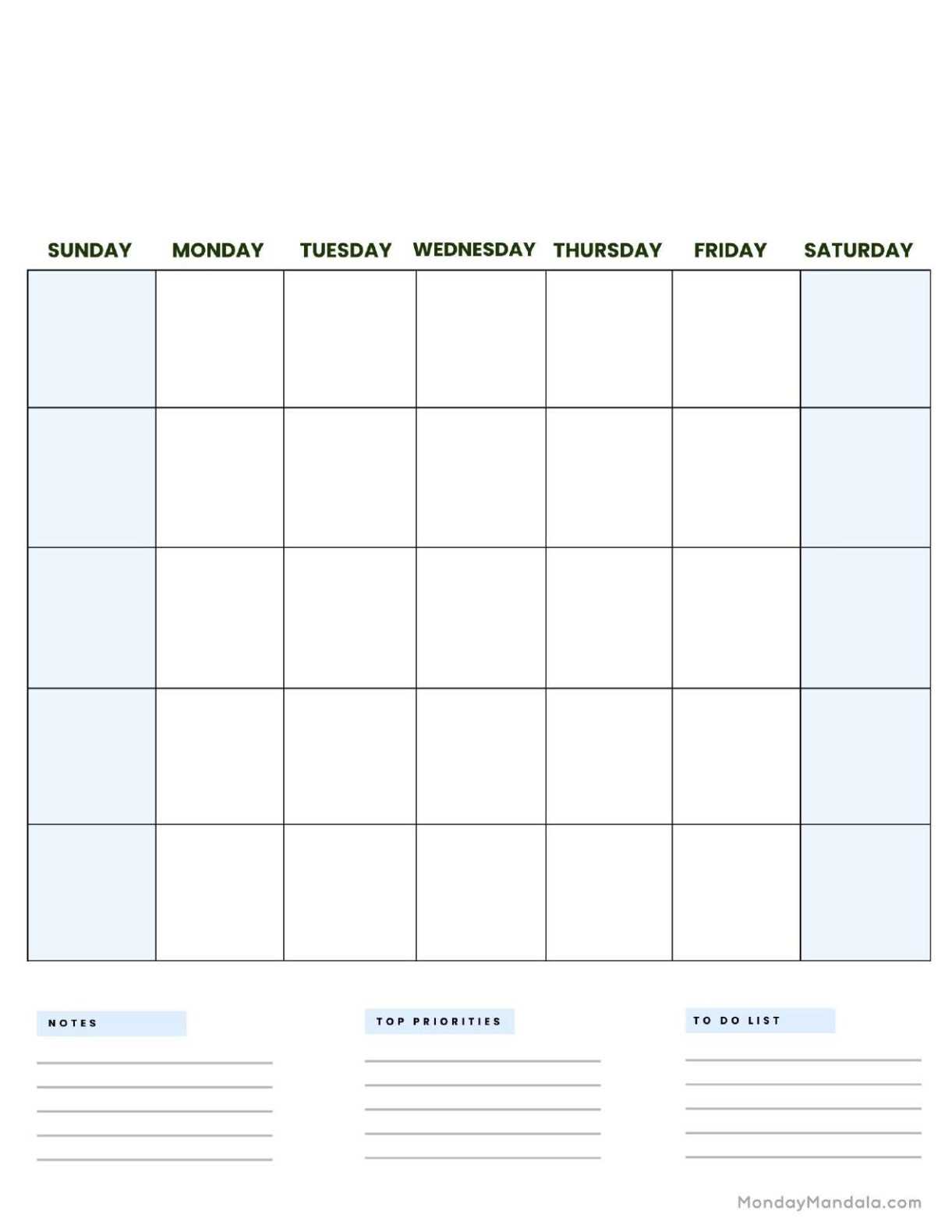 monday thru friday calendar template free