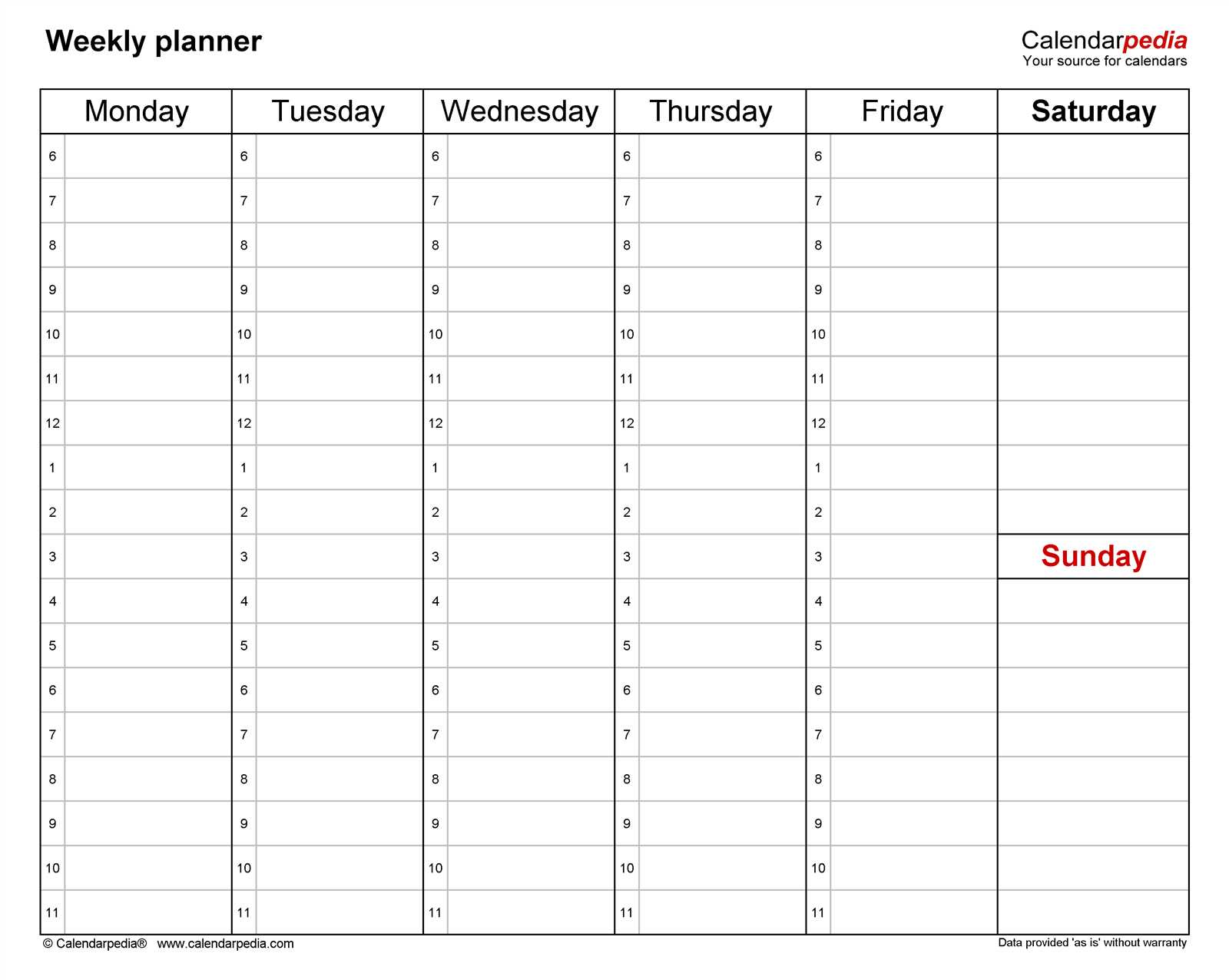 monday thru friday calendar template