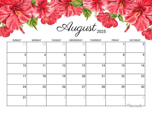 monthly calendar template august 2025