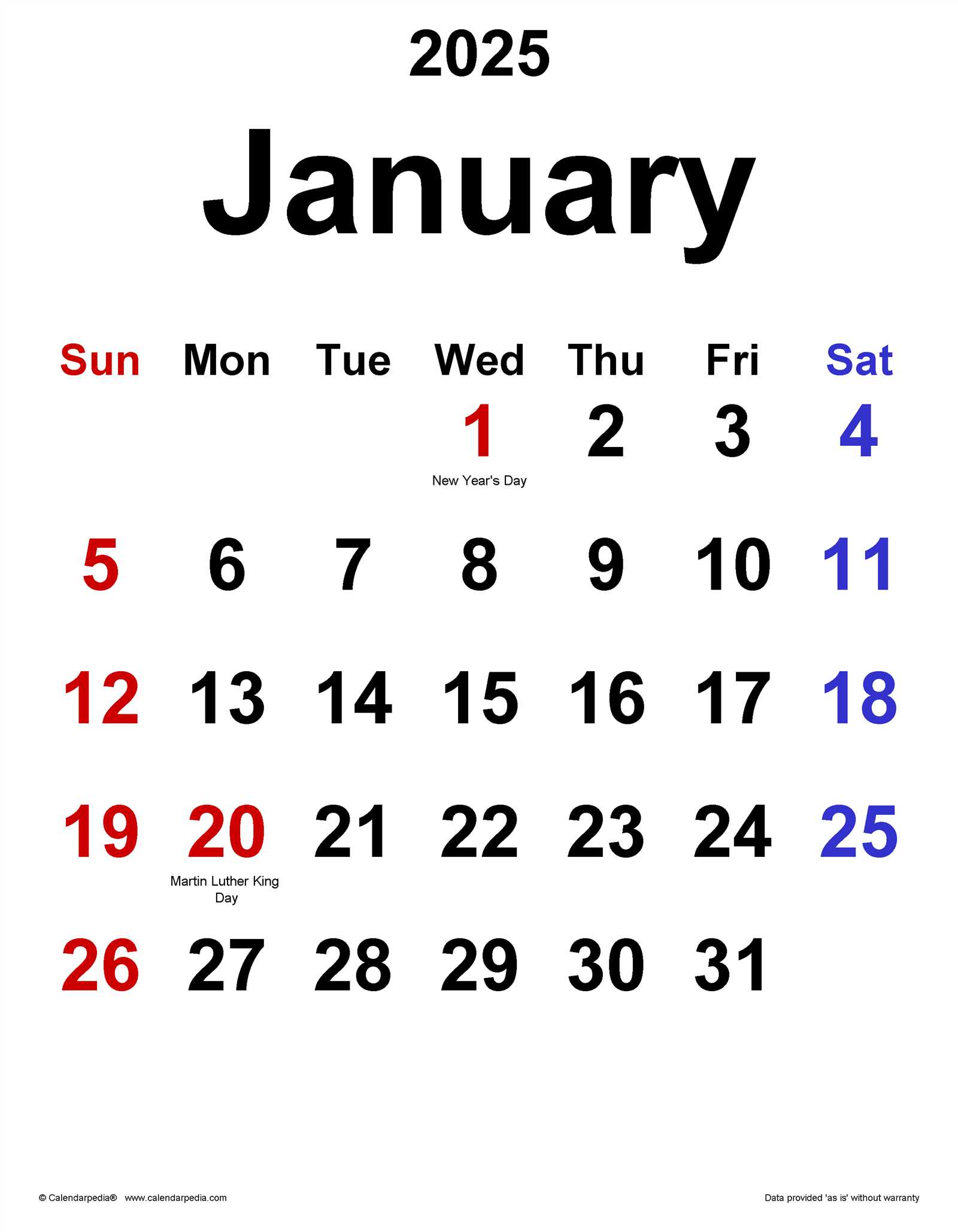 monthly calendar template january 2025