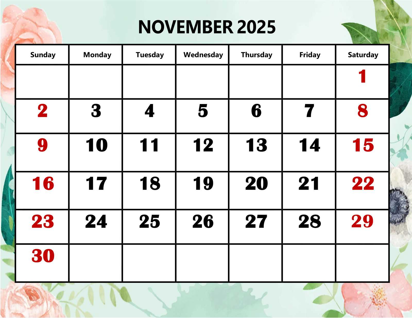 monthly calendar template november 2026
