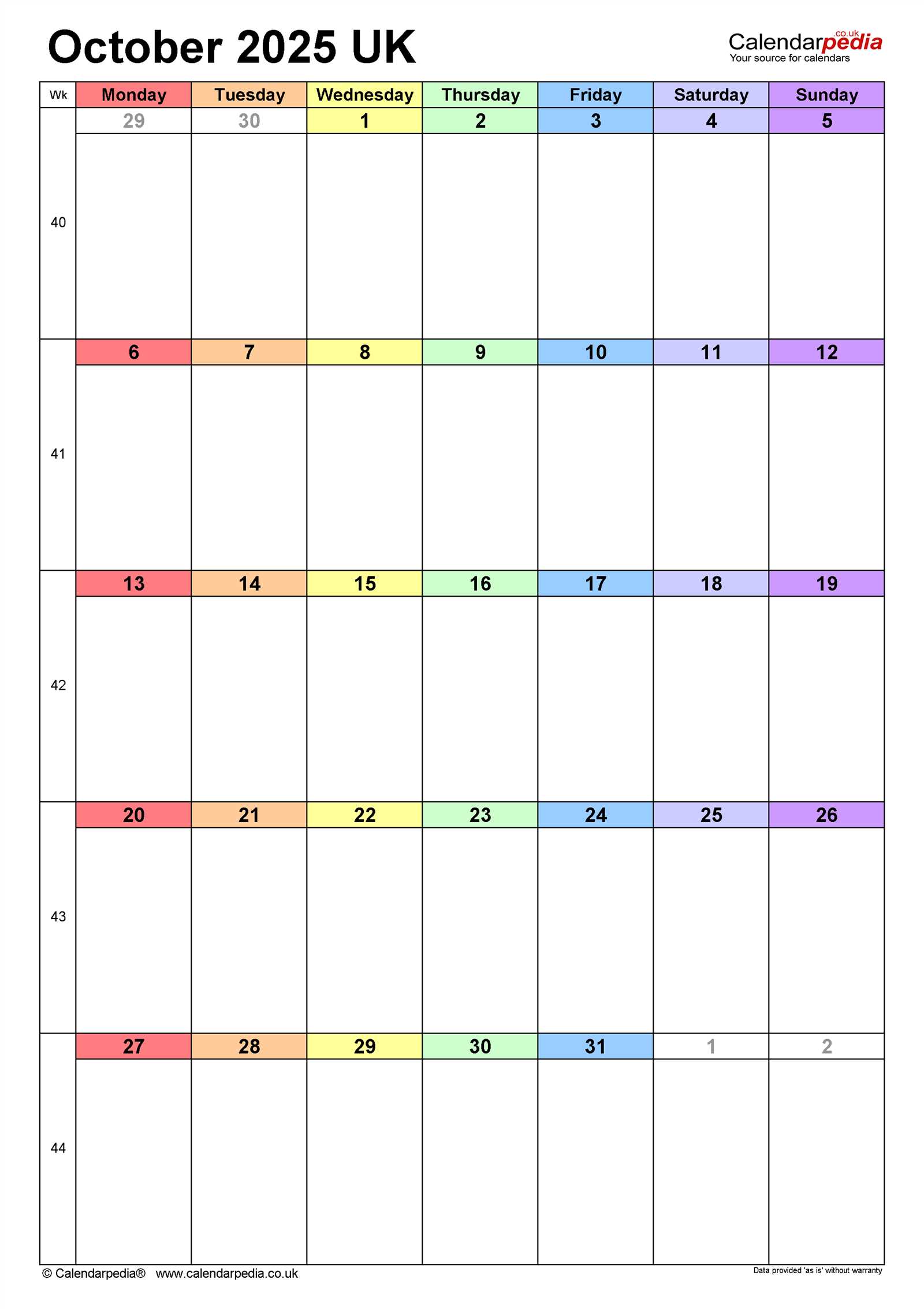 monthly calendar template october 2025