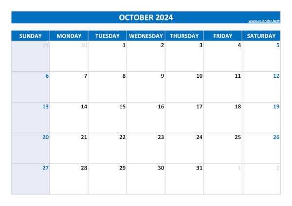 monthly calendar template october