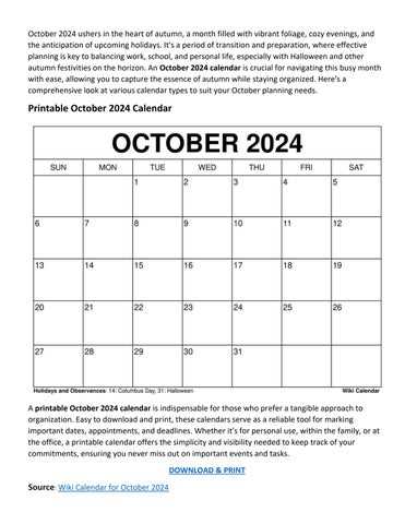 monthly calendar template october