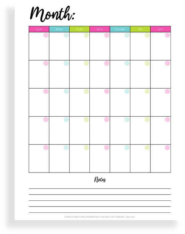 monthly calendar template with notes section