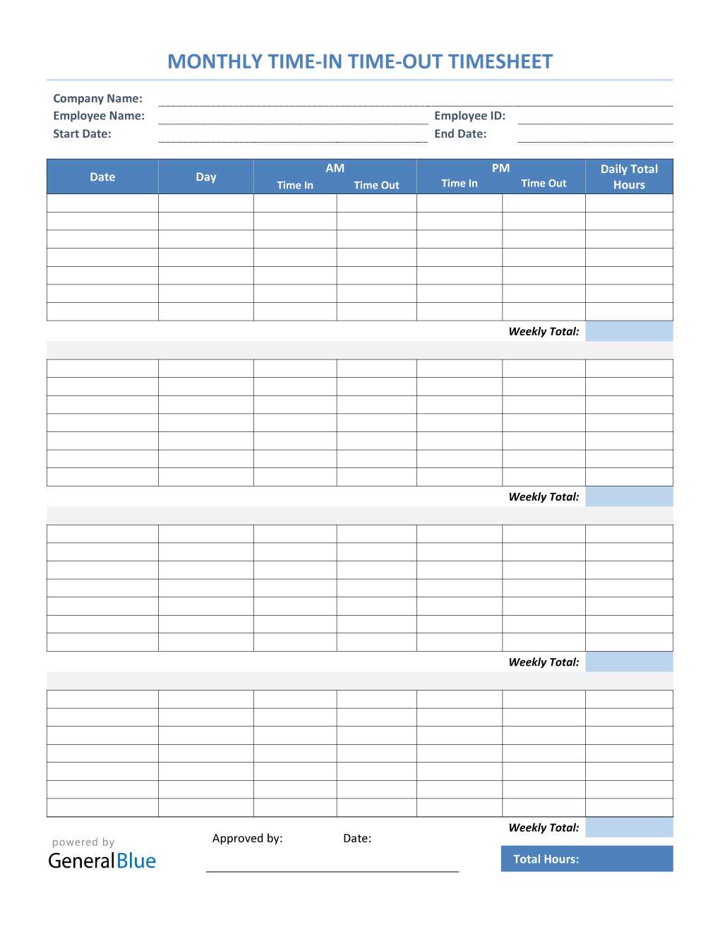 monthly calendar timesheet template