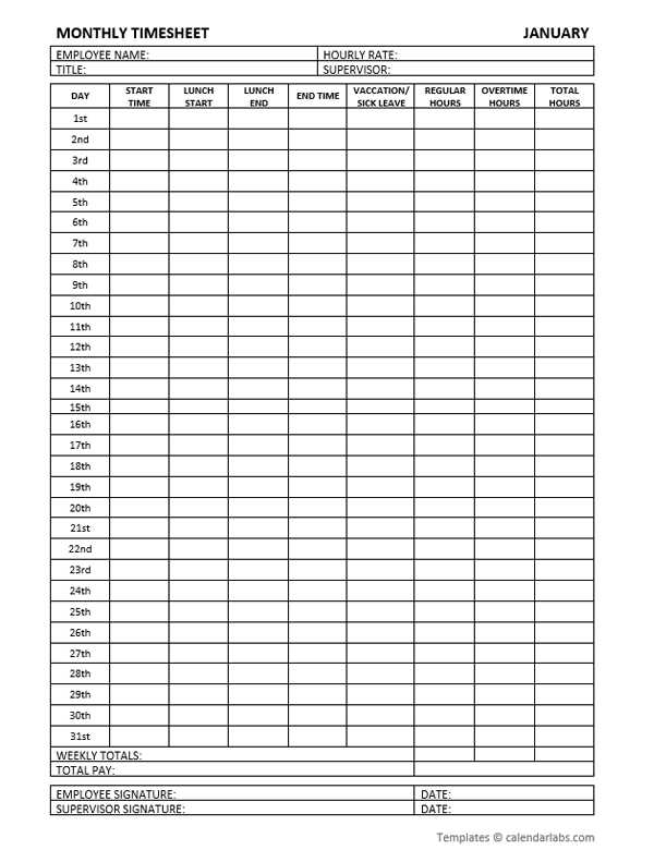 monthly calendar timesheet template