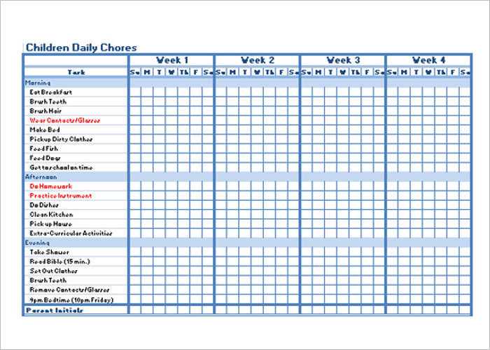 monthly chore calendar template