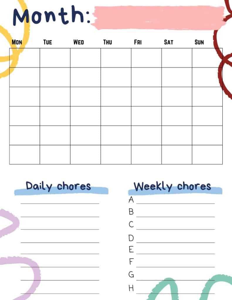 monthly chore calendar template