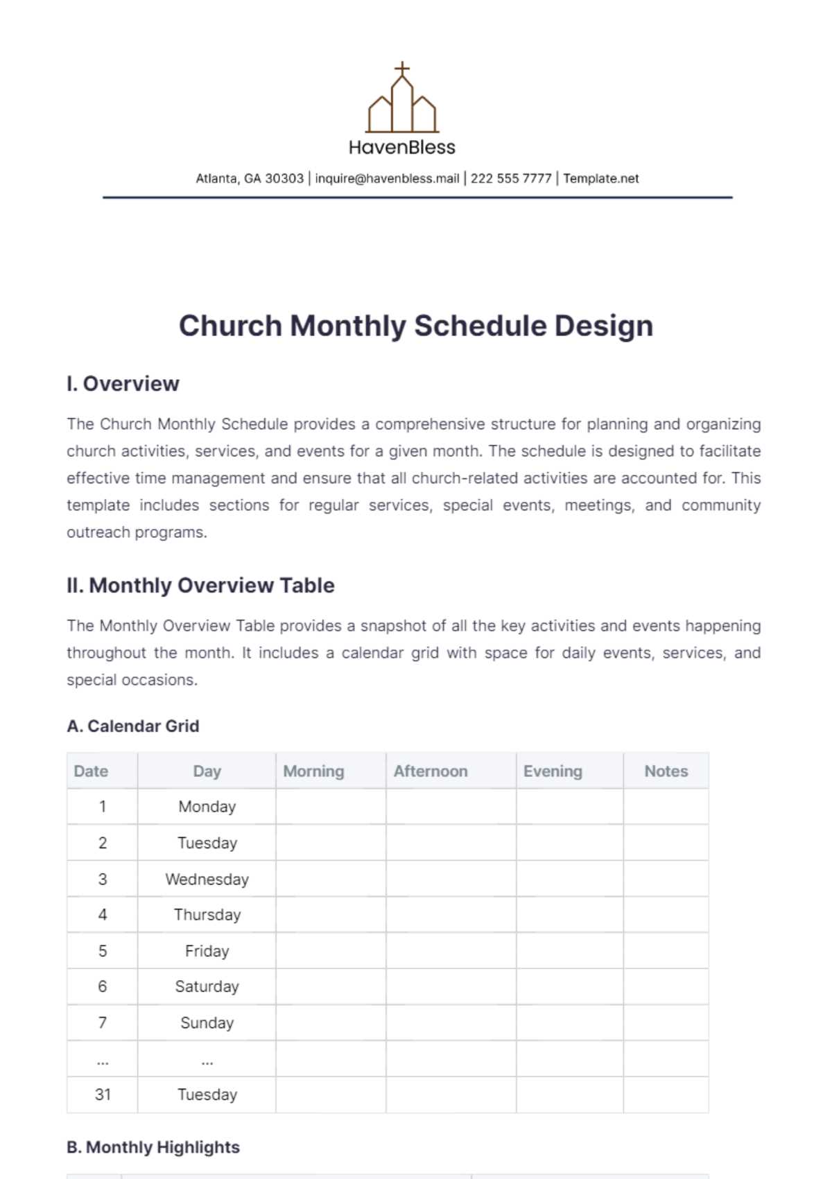 monthly church calendar template