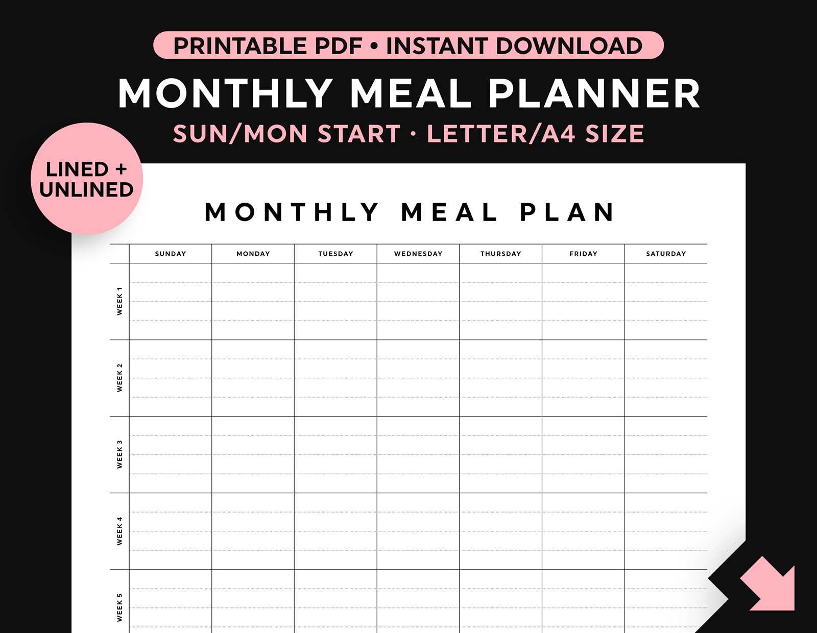 monthly menu calendar template