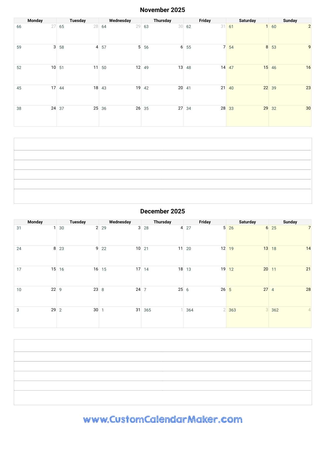 november and december 2026 calendar template