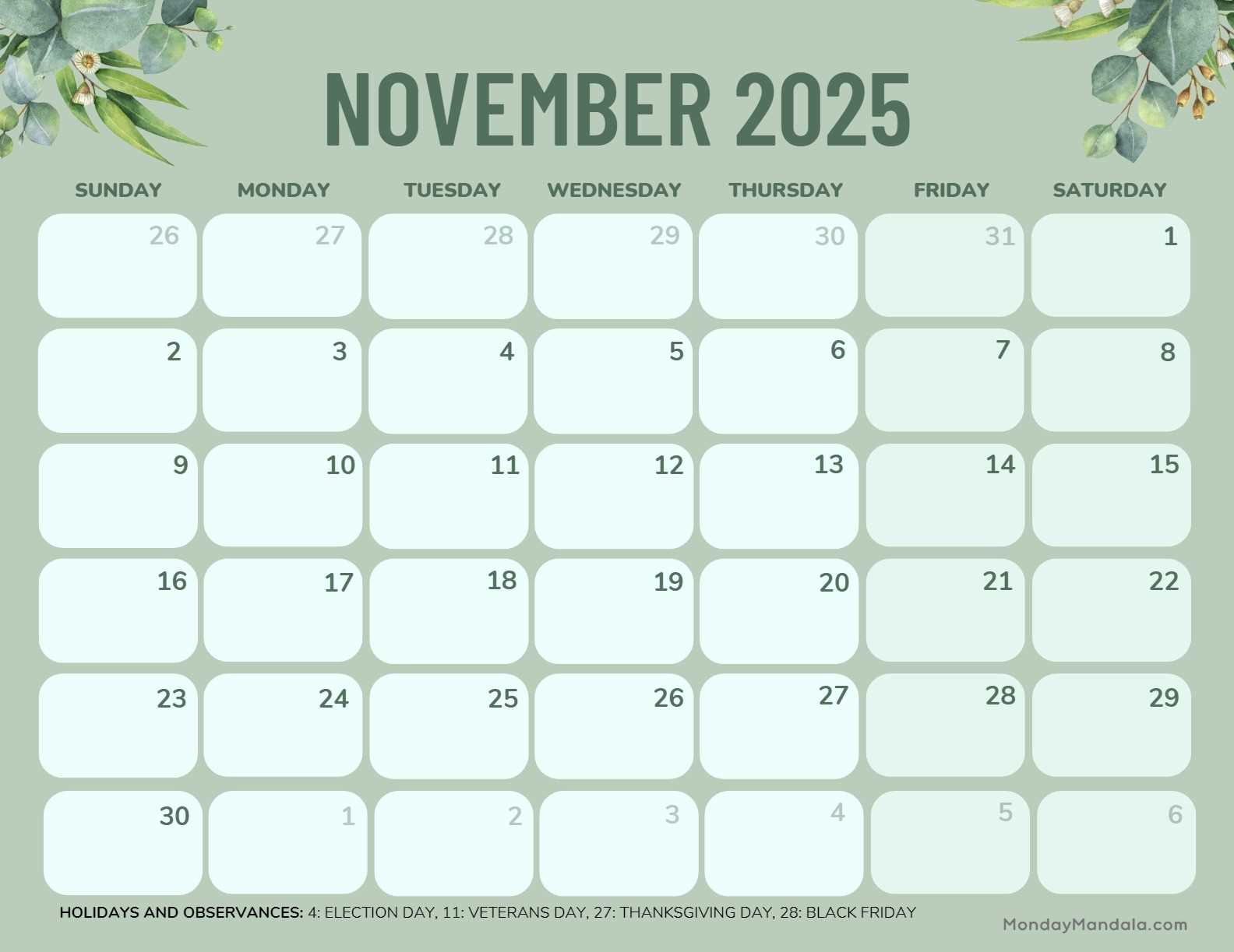 november blank calendar template 2025