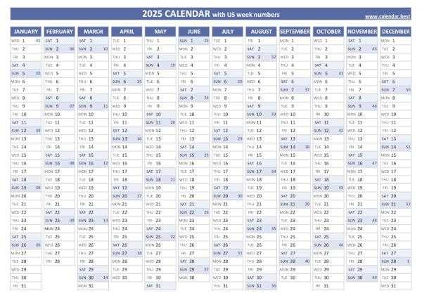 numbers calendar template 2025