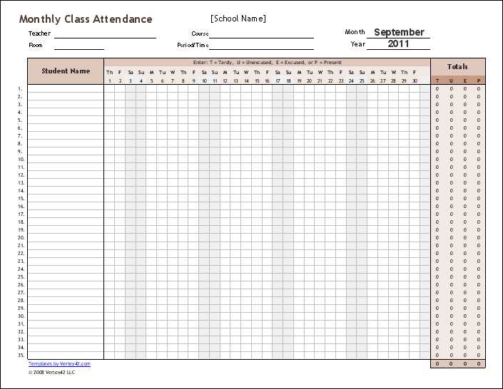 attendance calendar template