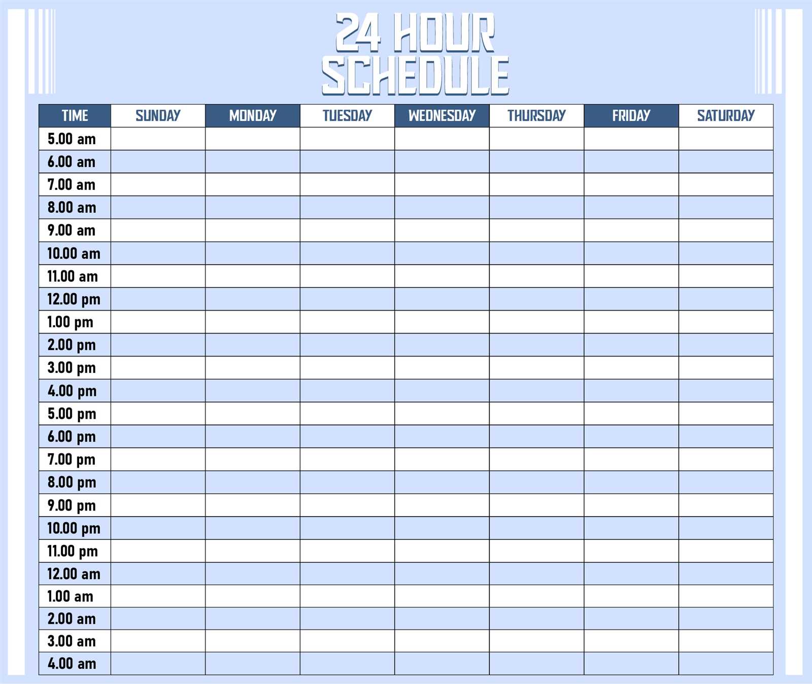 24 hour week calendar template