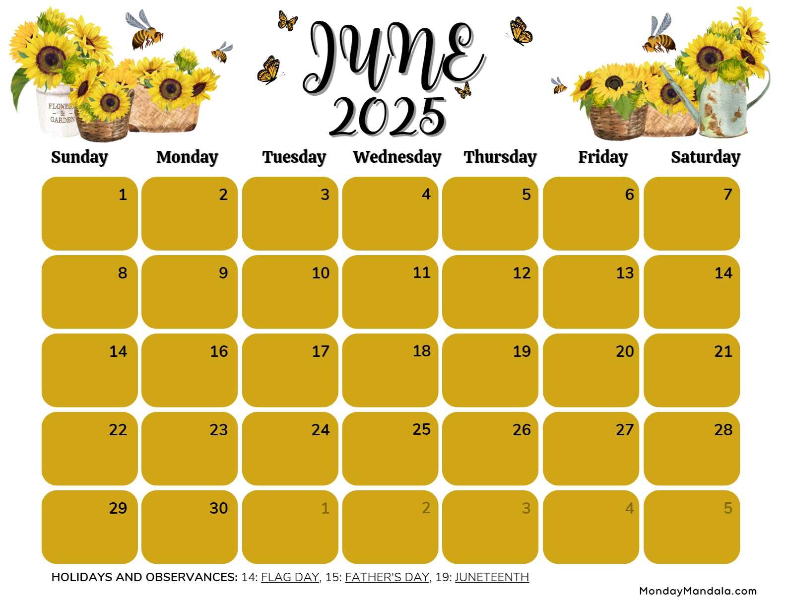 printable calendar template june 2025