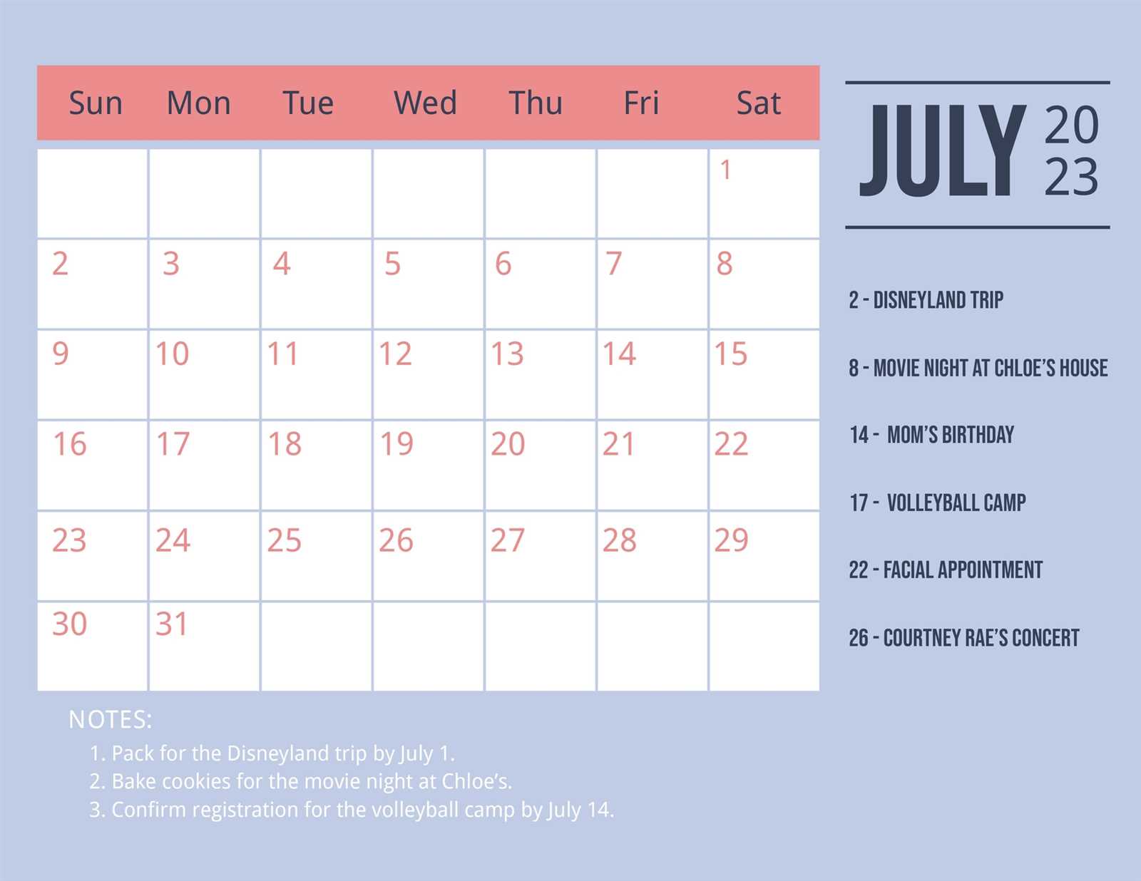 july monthly calendar template