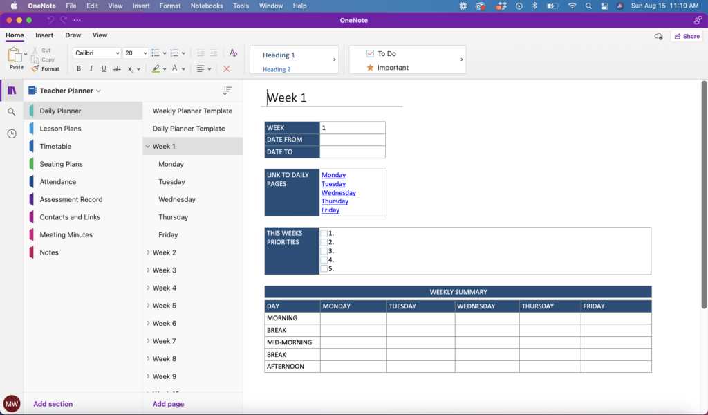 onenote calendar template