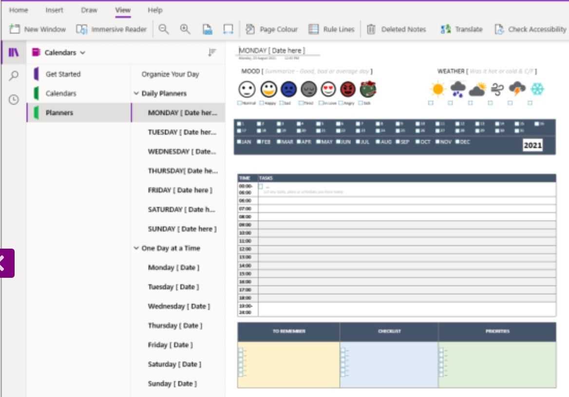 onenote calendar templates