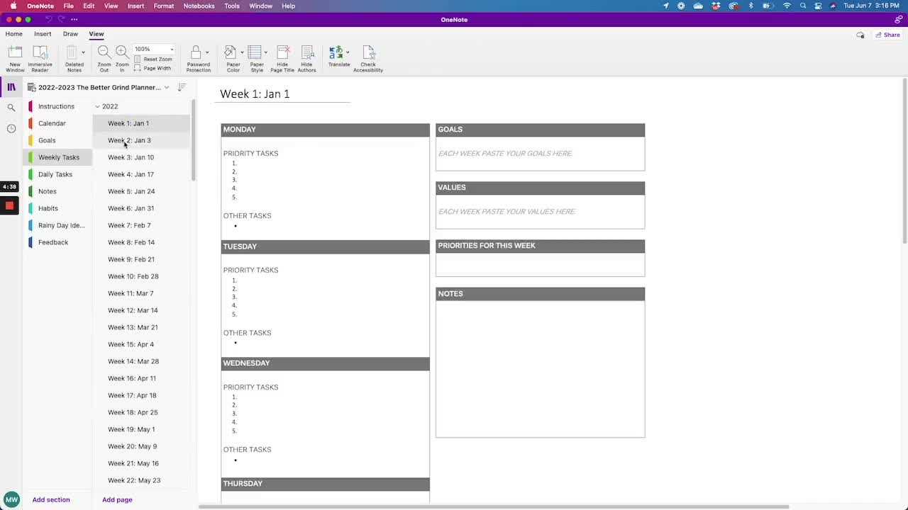 onenote weekly calendar template