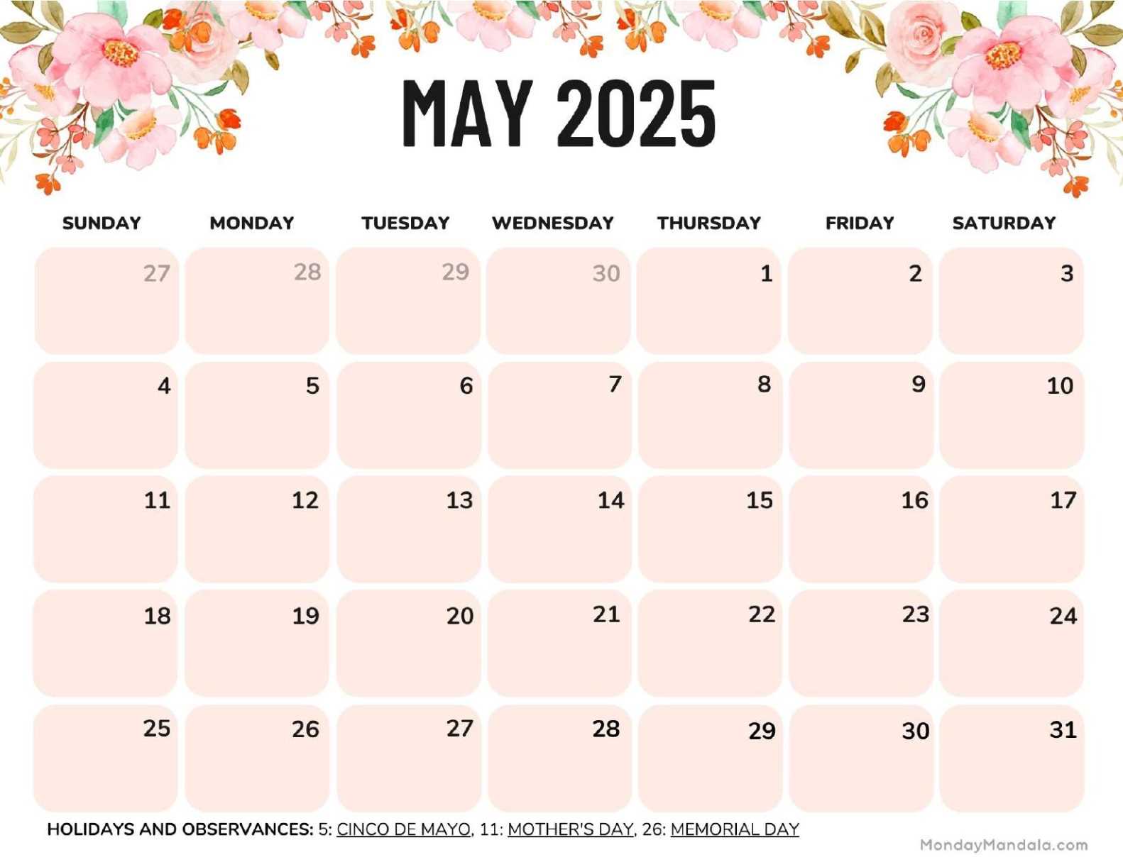 may calendar template 2026