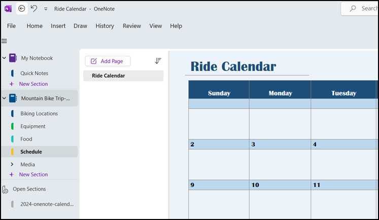 does onenote have a calendar template