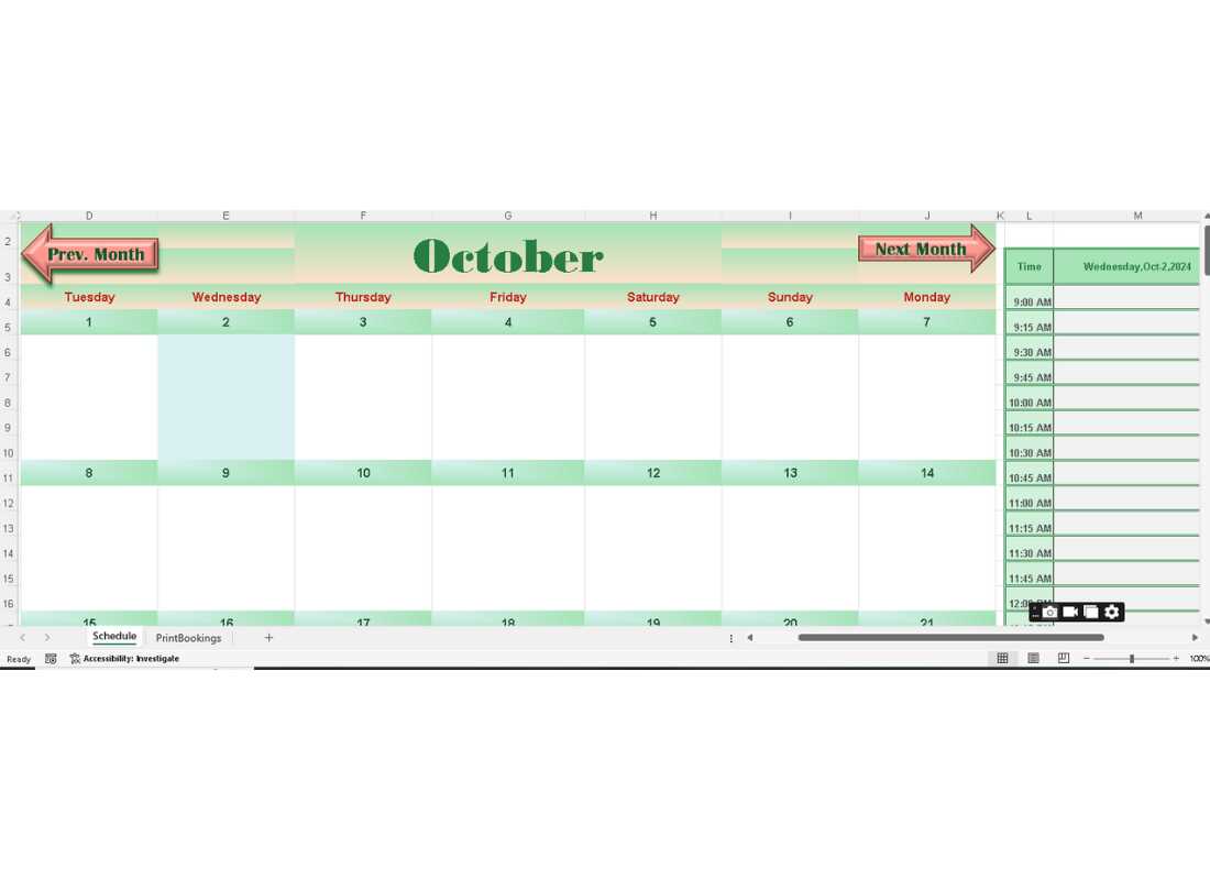 bookings calendar template