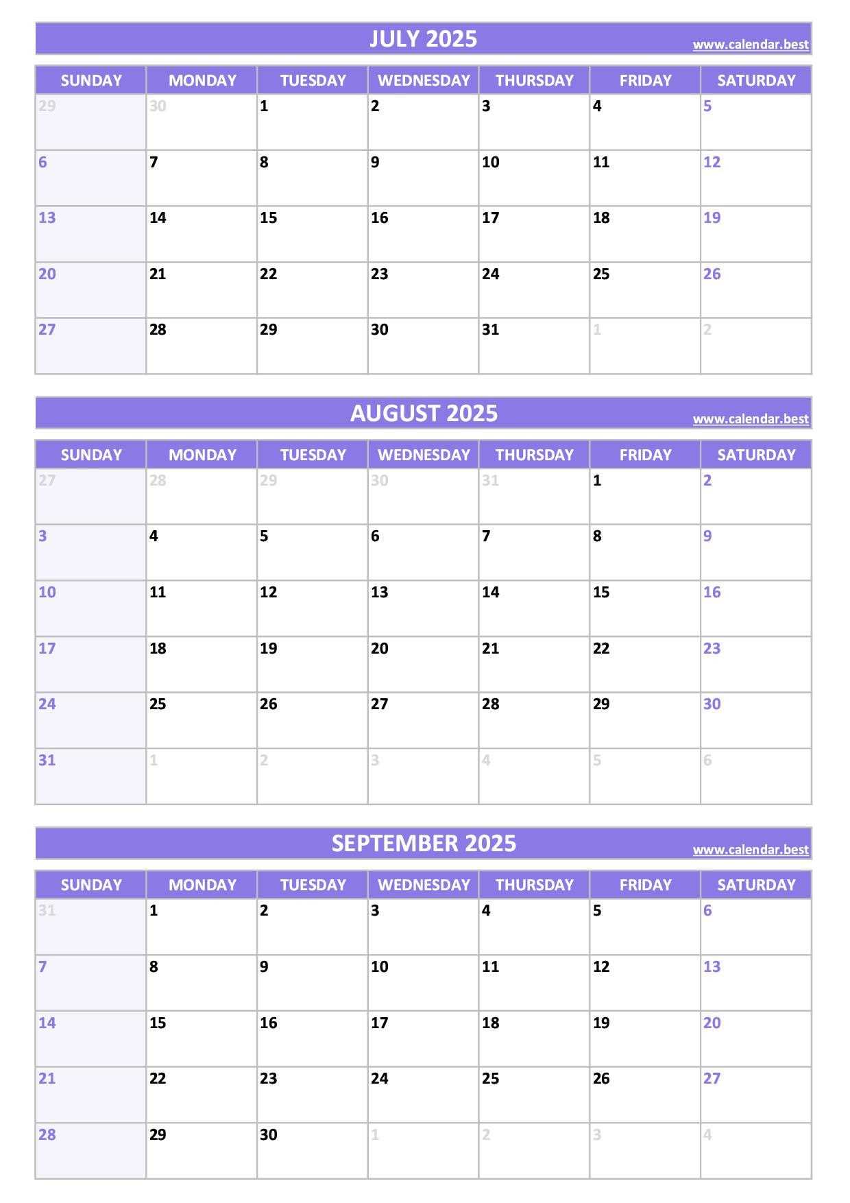 calendar template june july august 2025