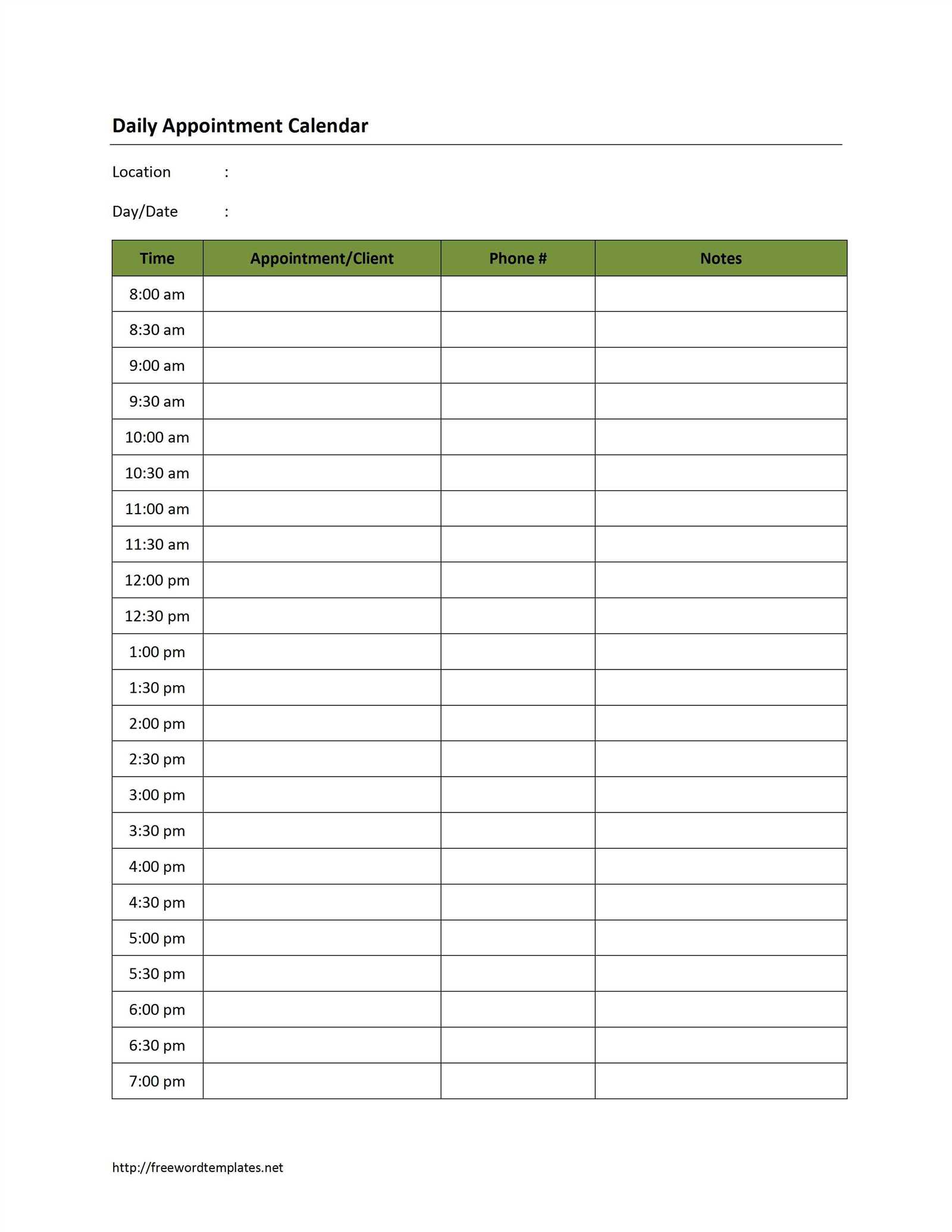 printable appointment calendar template