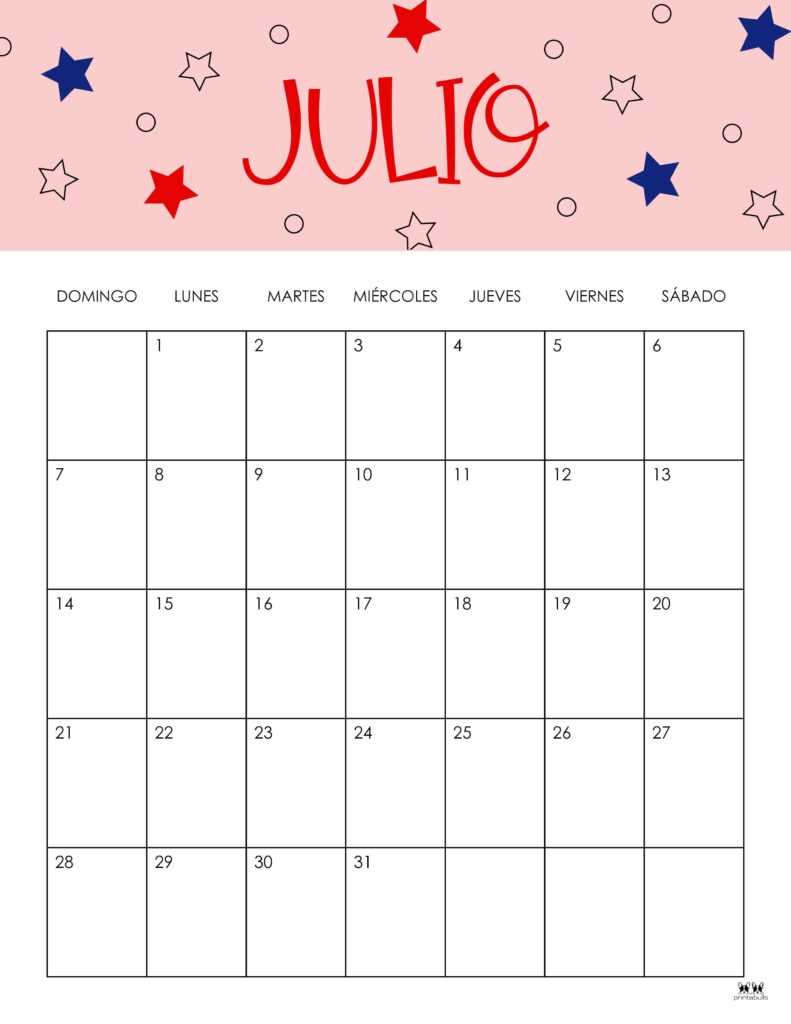 printable july calendar template