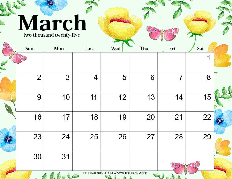 printable march calendar template