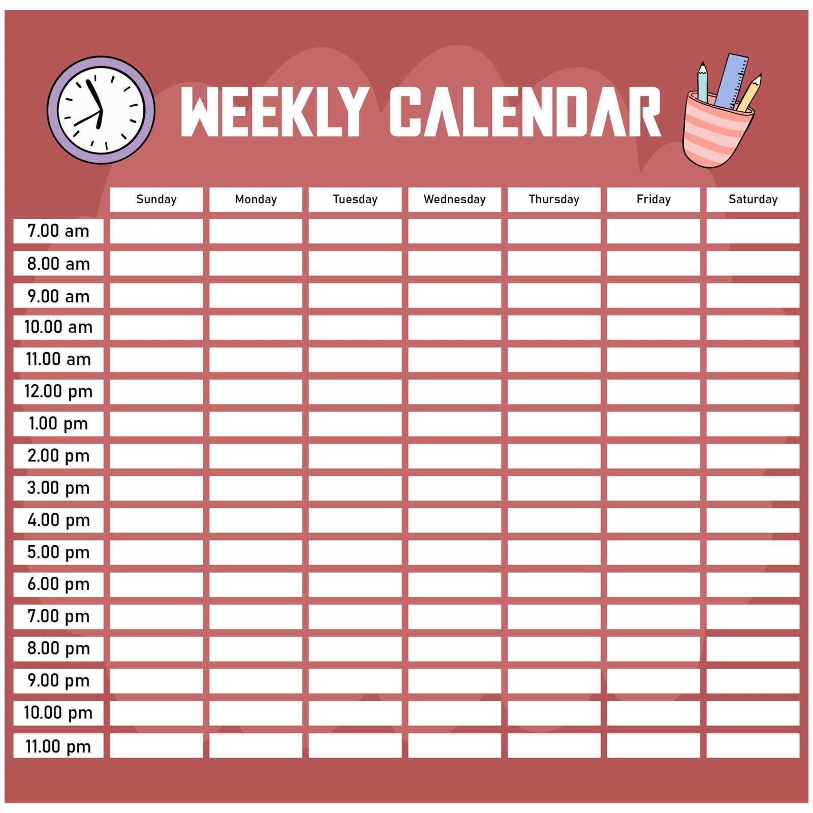 printable weekly calendar template with time slots