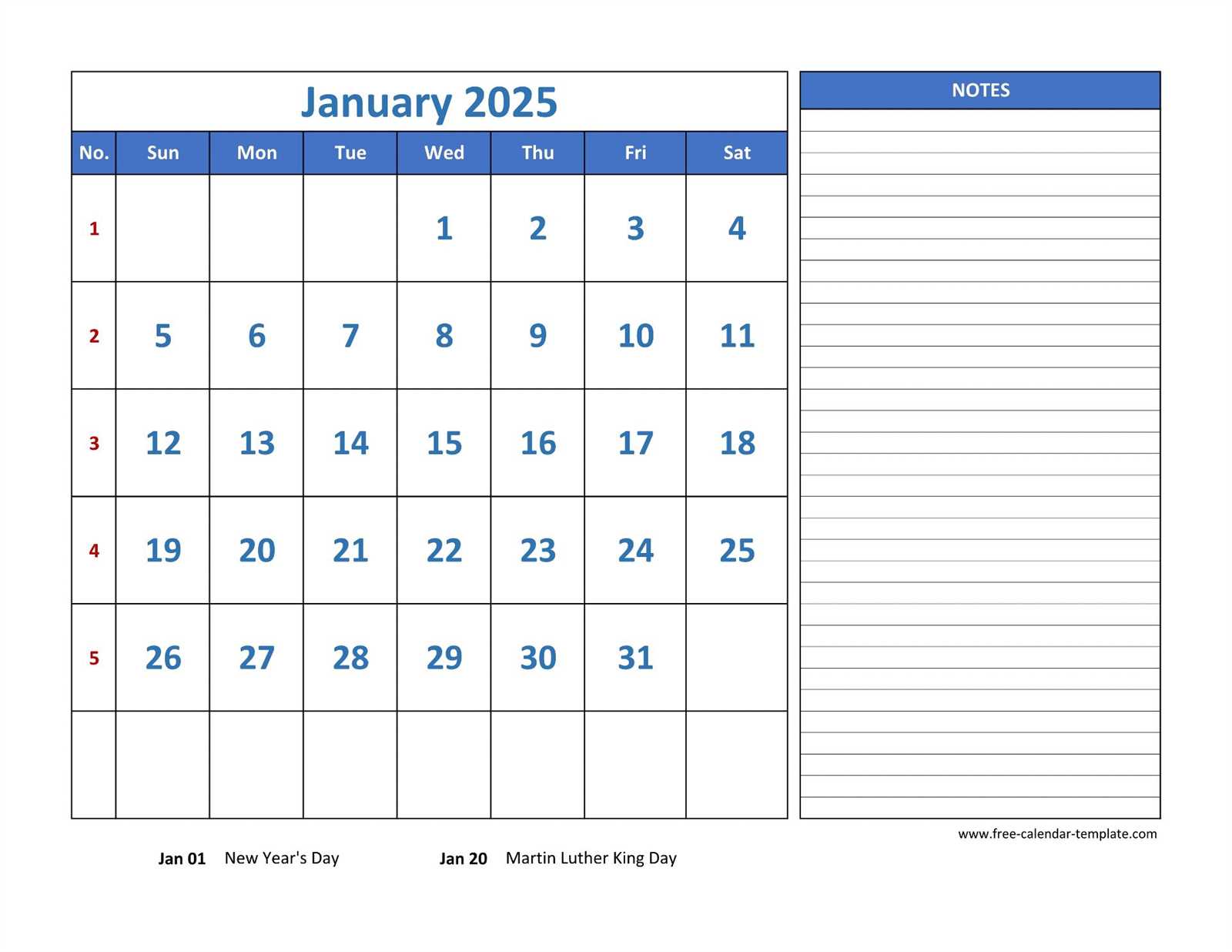 calendar notes template 2025