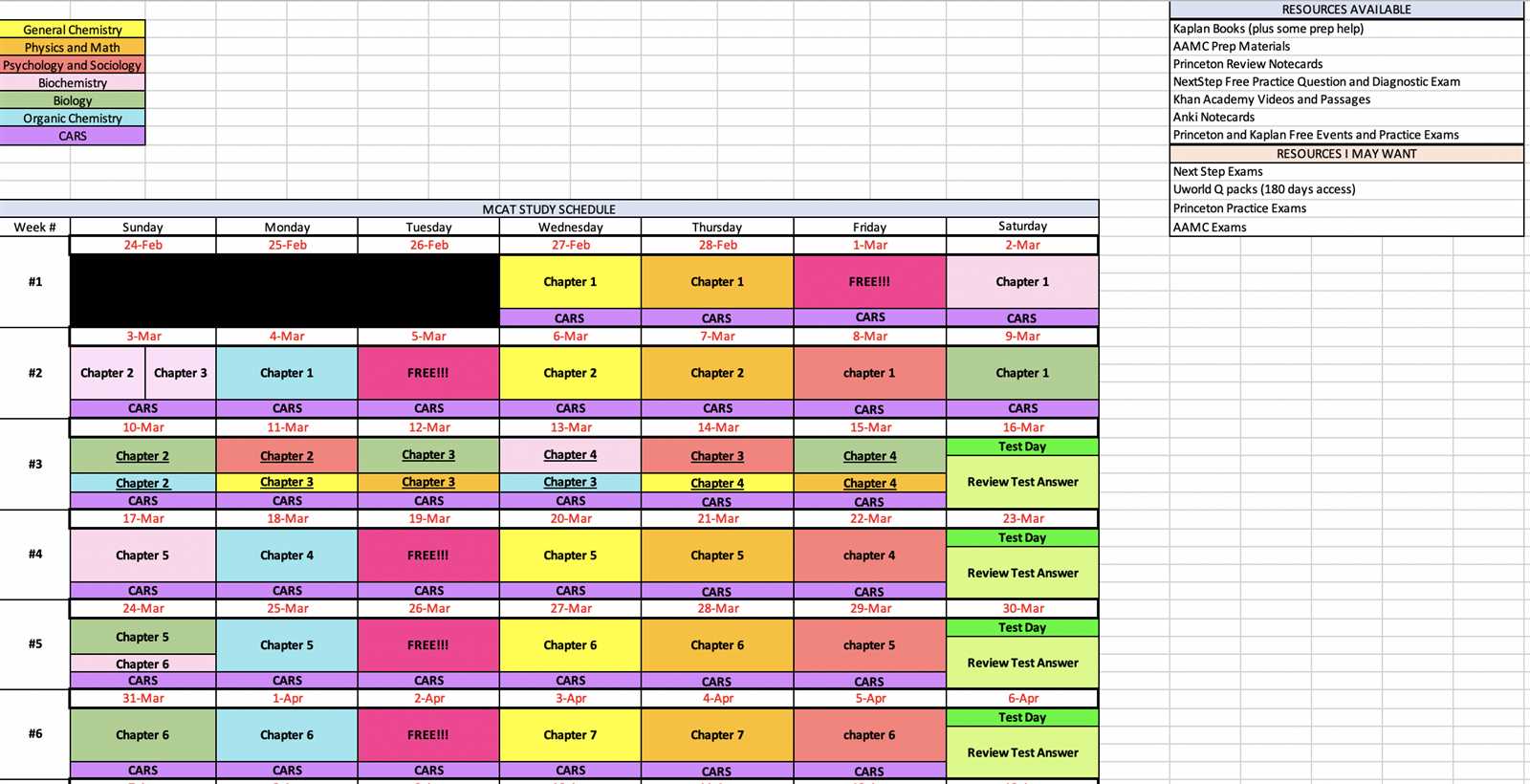 mcat study calendar template