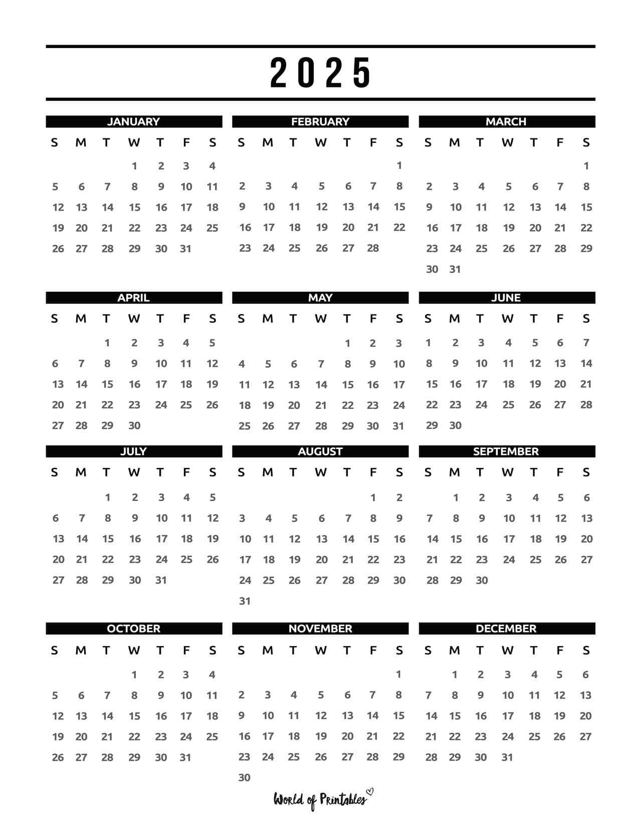 one page 2025 calendar template