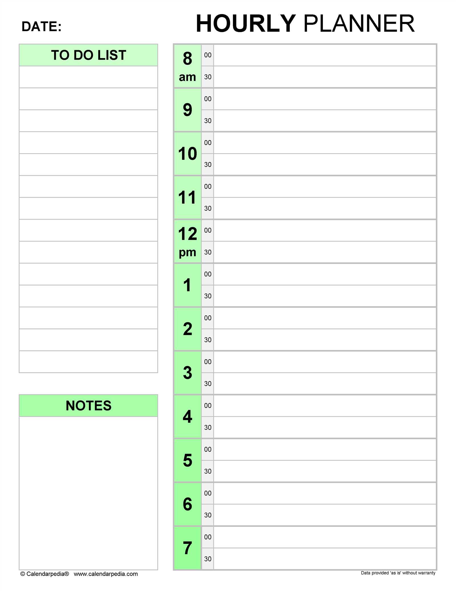 hourly schedule calendar template