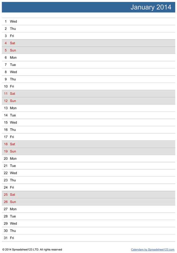 free monthly calendar template