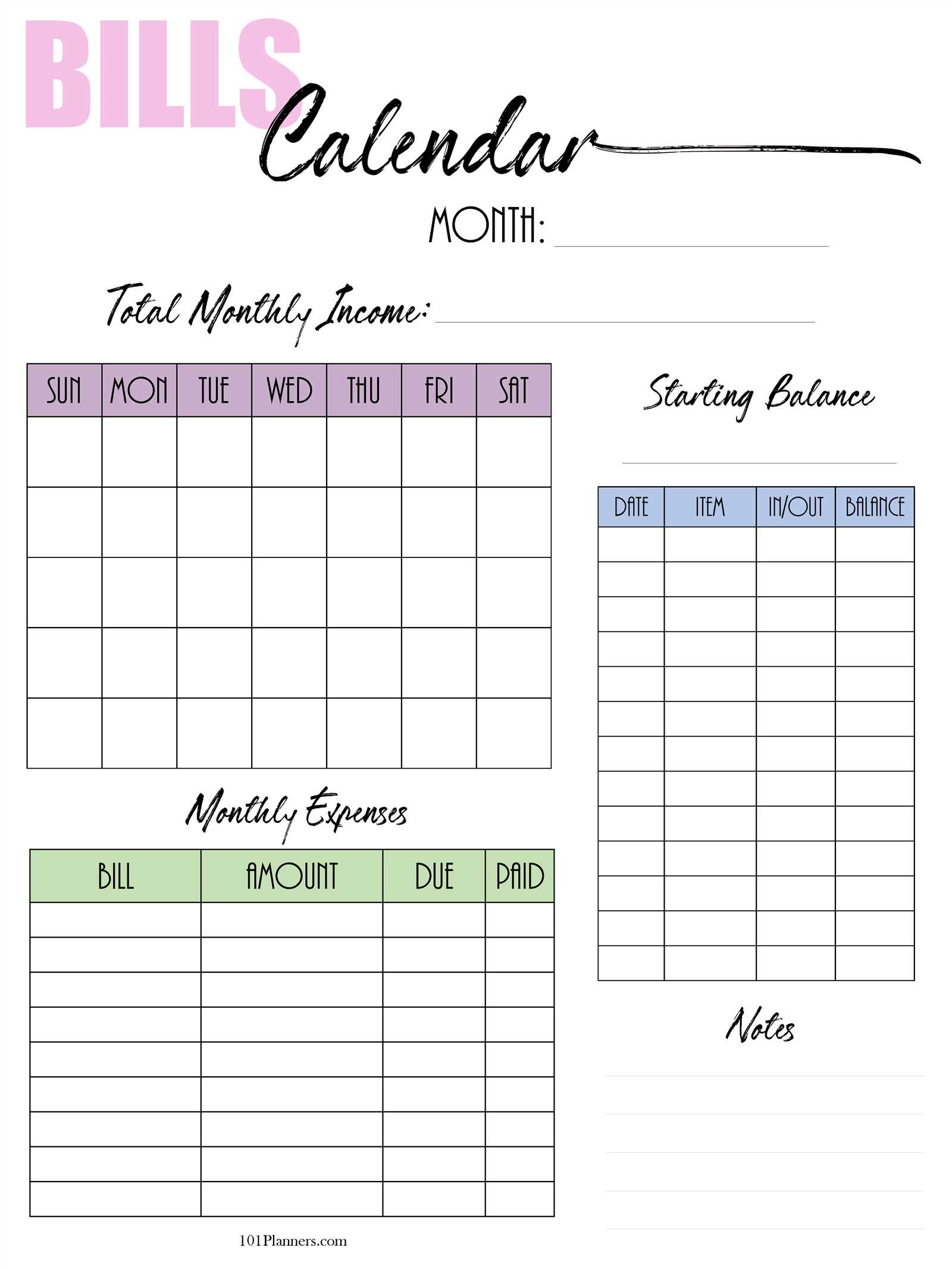 bills calendar template