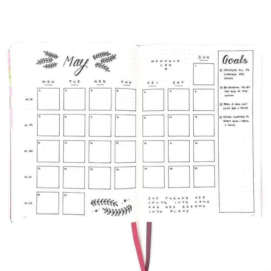 bullet journal monthly calendar template