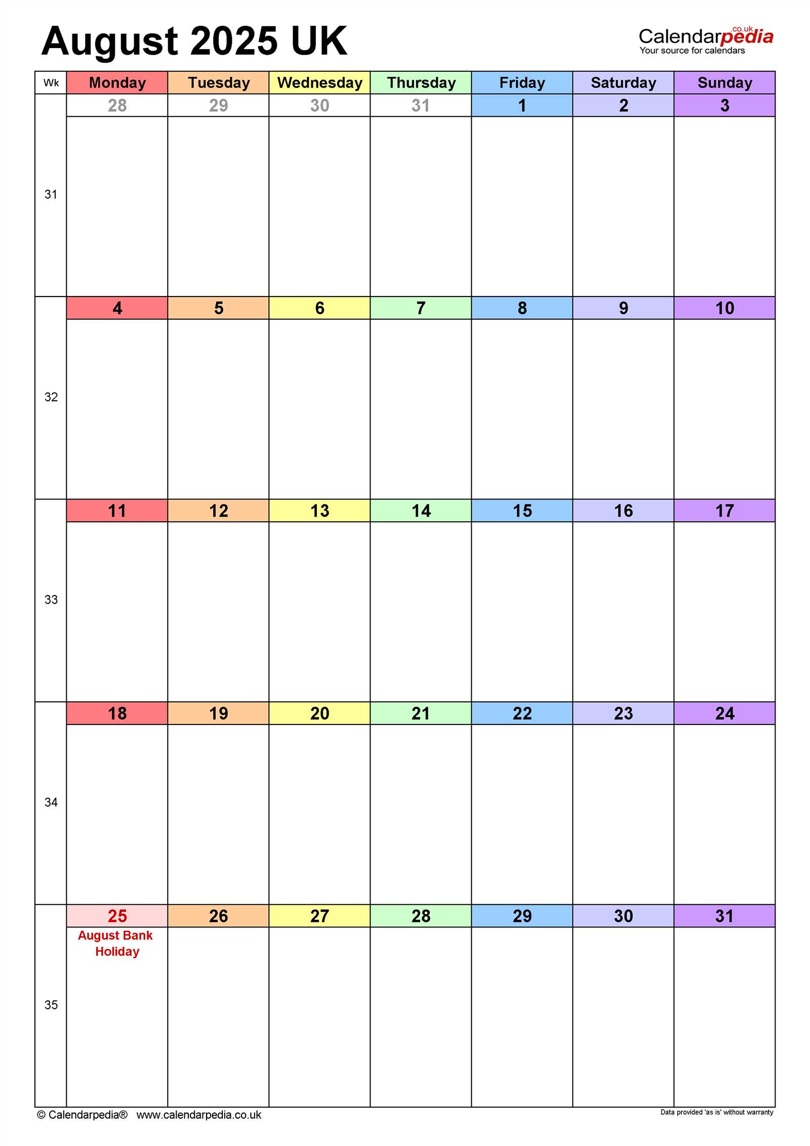 free template of august 2025 calendar