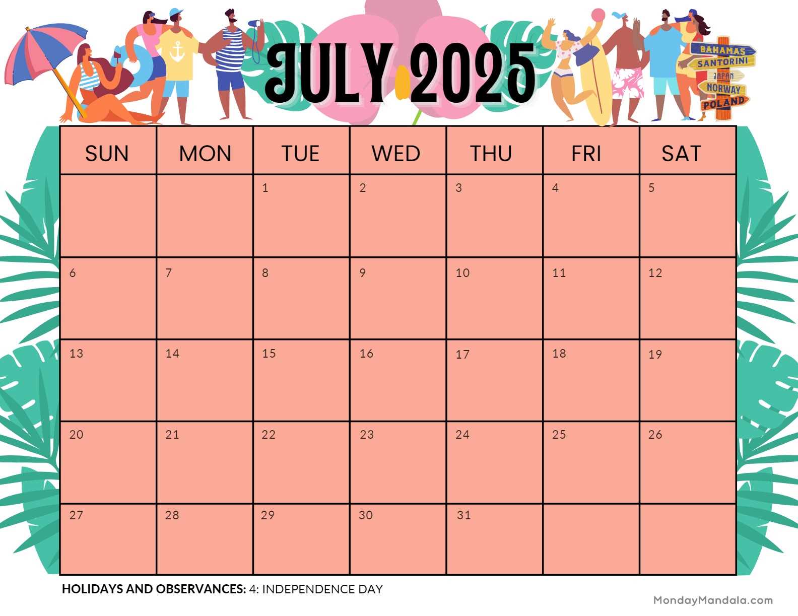 free calendar template july 2025