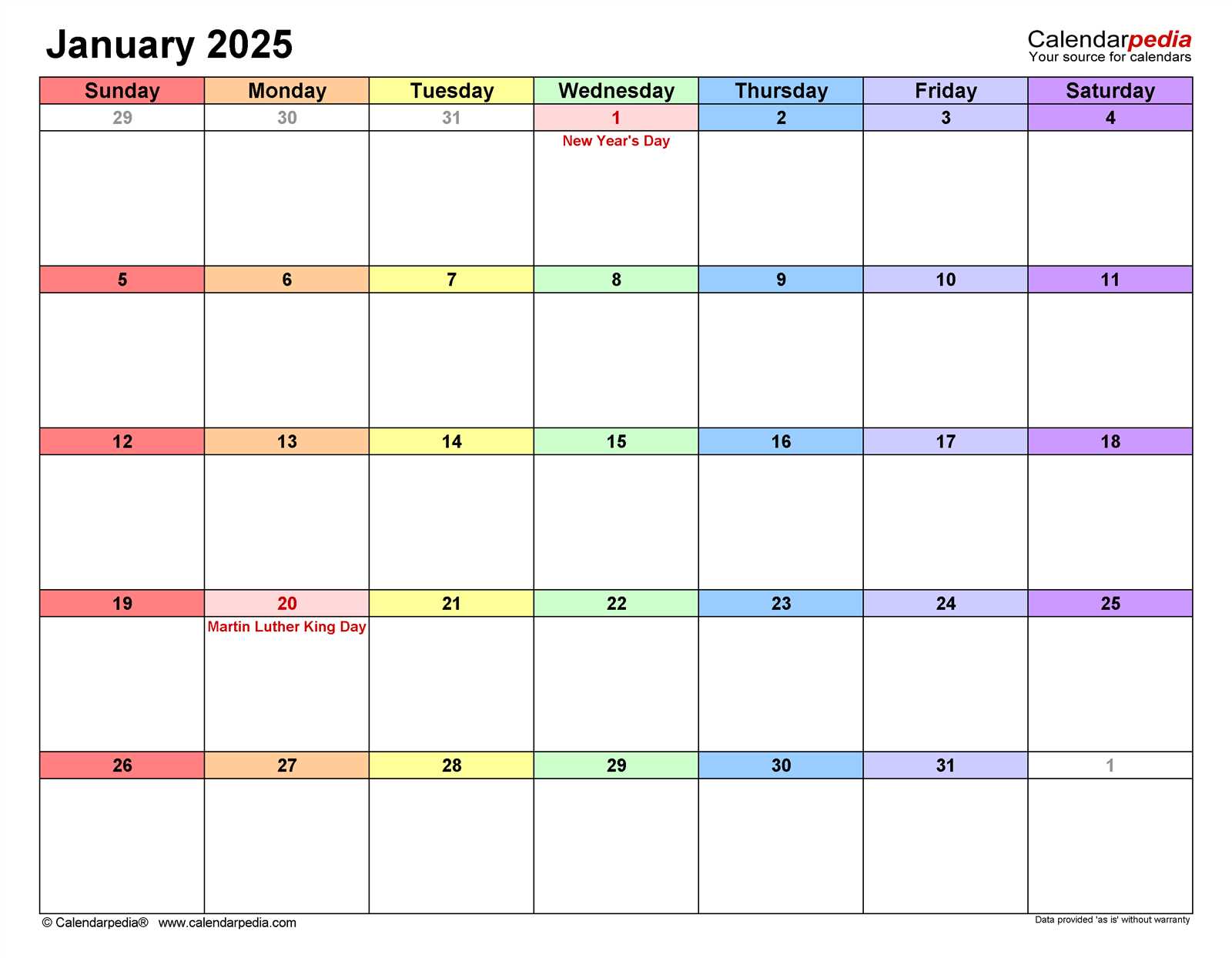 free calendar template january 2025