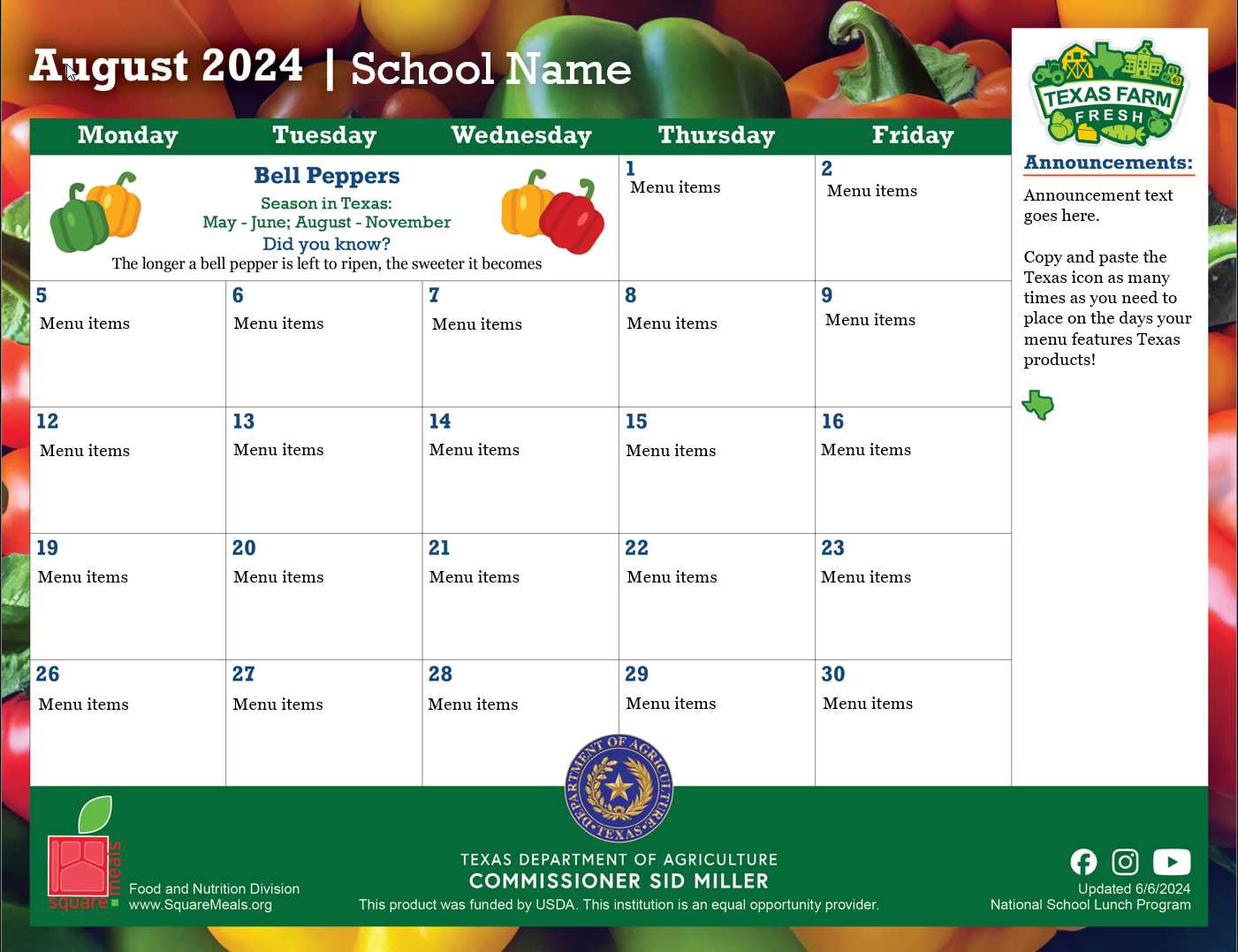 school lunch calendar template