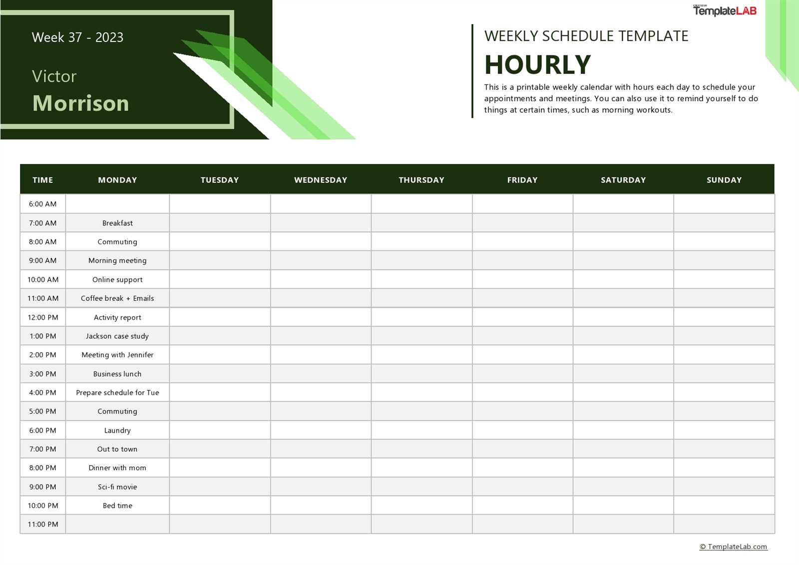 24 hour week calendar template